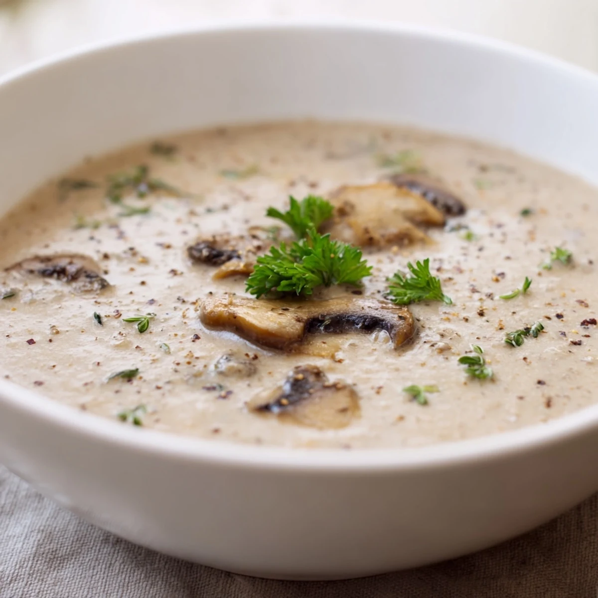 Creamy mushroom soup with thyme, blended to a velvety texture, served steaming hot in a rustic ceramic bowl.