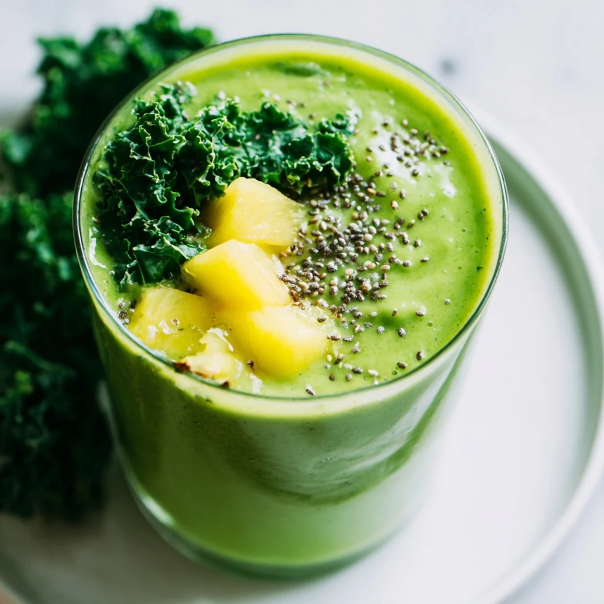 A tall glass of vibrant Green Smoothie with Kale and Pineapple garnished with fresh fruit slices and chia seeds.