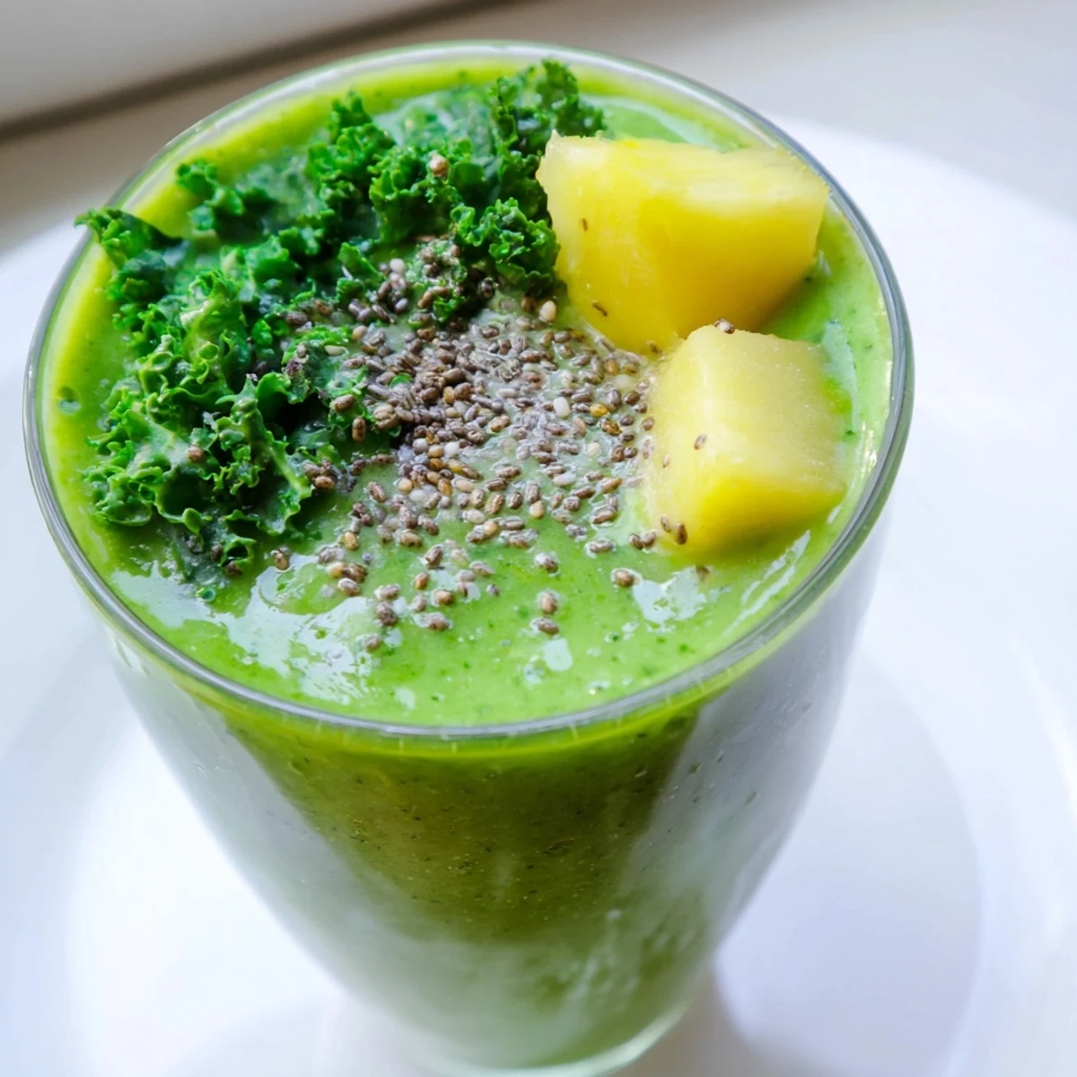 Green Smoothie with Kale and Pineapple blending in a blender, surrounded by fresh kale leaves, pineapple chunks, and ripe banana.