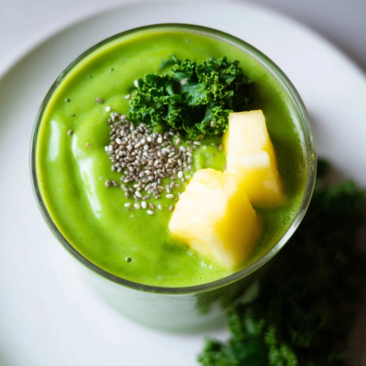 Refreshing Green Smoothie with Kale and Pineapple poured into a mason jar, highlighting its creamy green texture and tropical aroma.