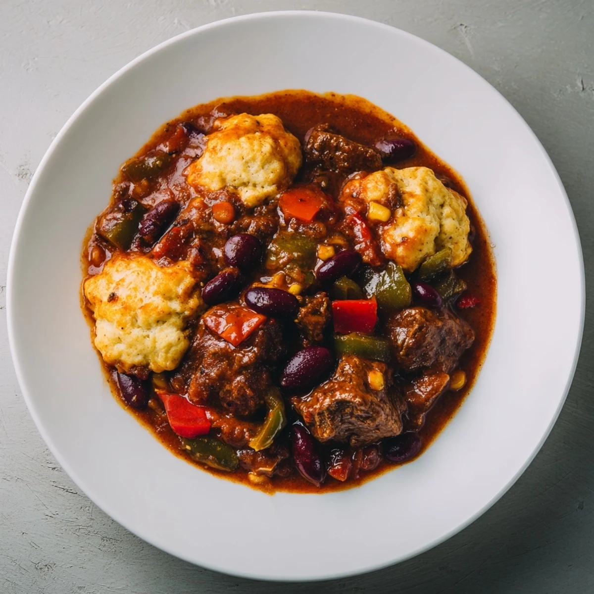 A cozy bowl of Beef Chili with Cornbread Dumplings, rich with tender beef and fluffy golden dumplings.