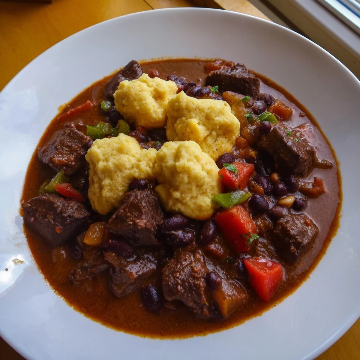 Steamy pot of Beef Chili with Cornbread Dumplings, the dumplings soaking up the savory tomato broth.