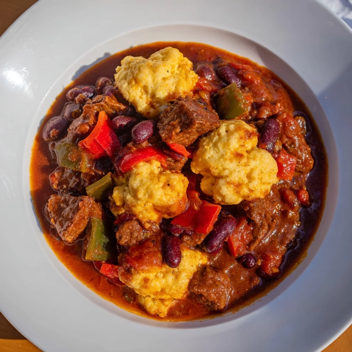 Hearty Beef Chili with Cornbread Dumplings topped with melted cheese and fresh cilantro for serving.