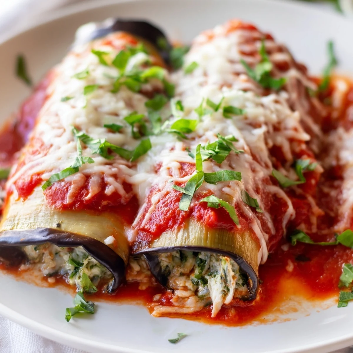 Baked Eggplant Rollatini with Ricotta Cheese topped with melted mozzarella and marinara on a ceramic dish.