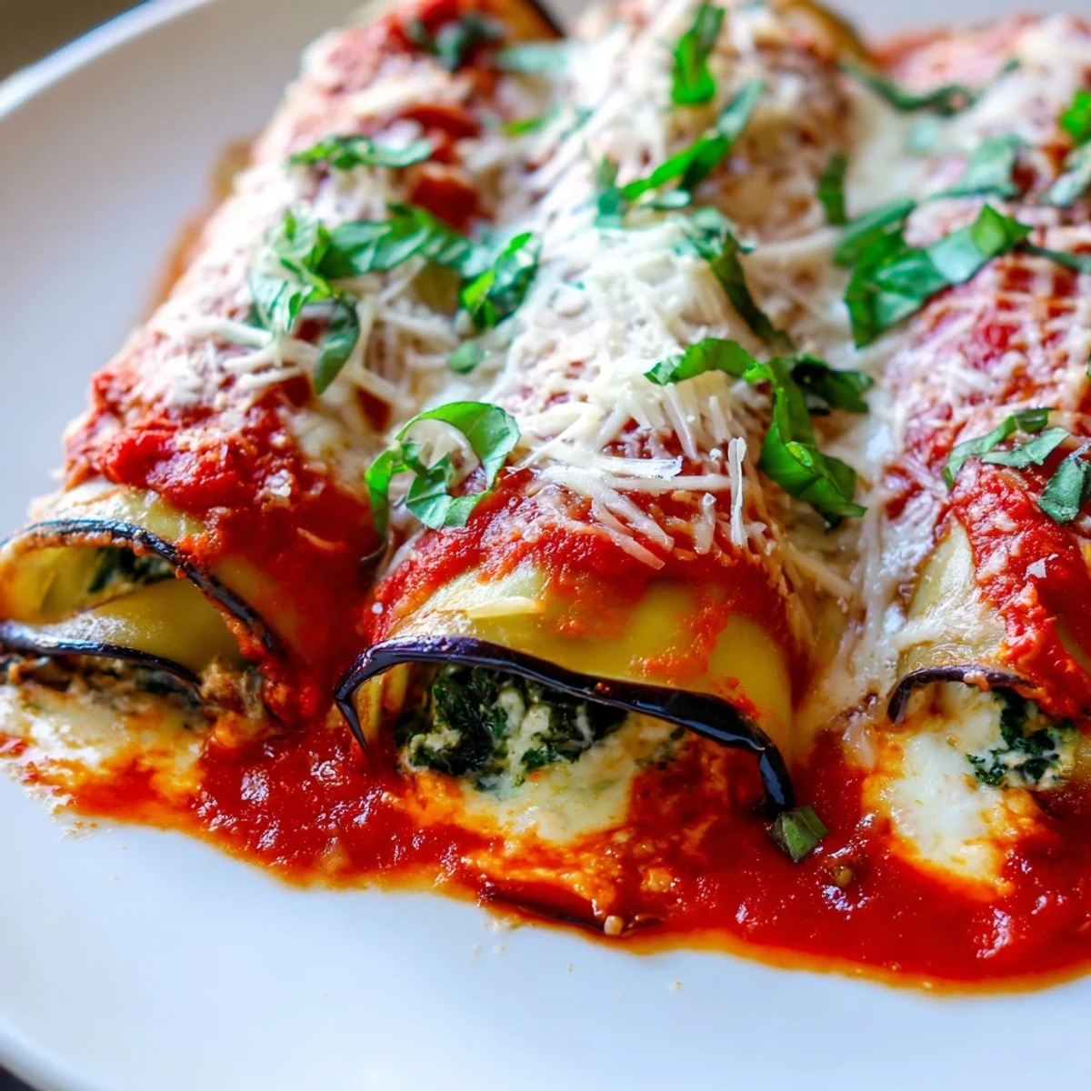 Golden roasted eggplant slices rolled with creamy ricotta, garnished with fresh basil and served with crusty bread.