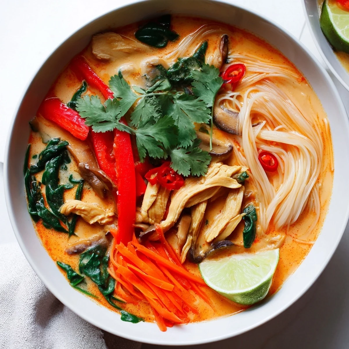 Tender chicken, rice noodles, and vibrant vegetables swim in a fragrant Thai Red Curry Noodle Soup with Chicken, garnished with cilantro.