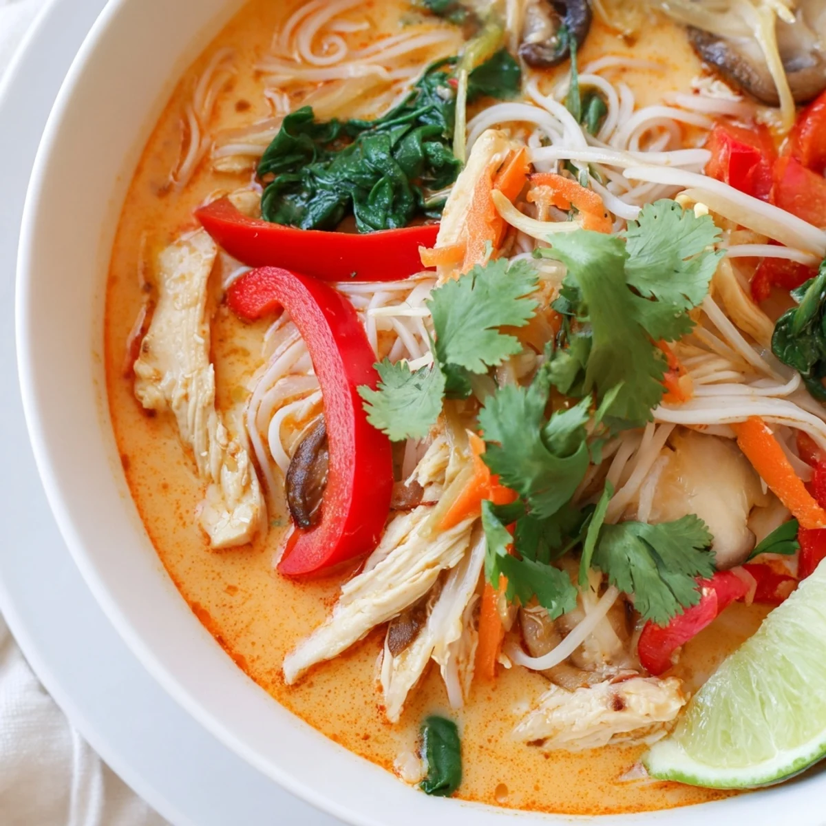 Steaming Thai Red Curry Noodle Soup with Chicken showcases creamy coconut broth, fresh lime wedges, and a spicy red chili garnish on top.
