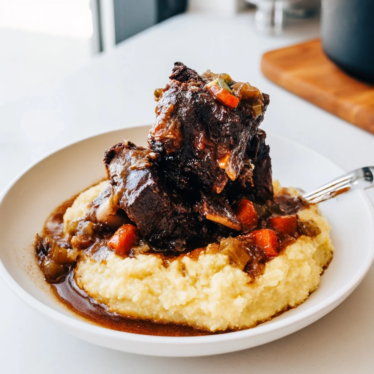 A hearty bowl of Creamy Polenta with Braised Beef Short Ribs served for a cozy Italian dinner.