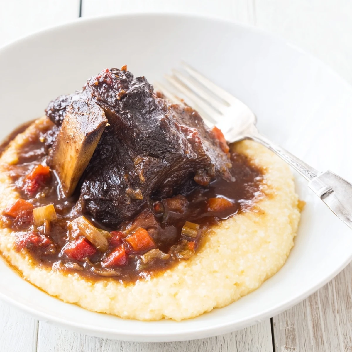 Close-up of creamy polenta with braised beef short ribs, glistening red wine sauce and fresh herbs on top.