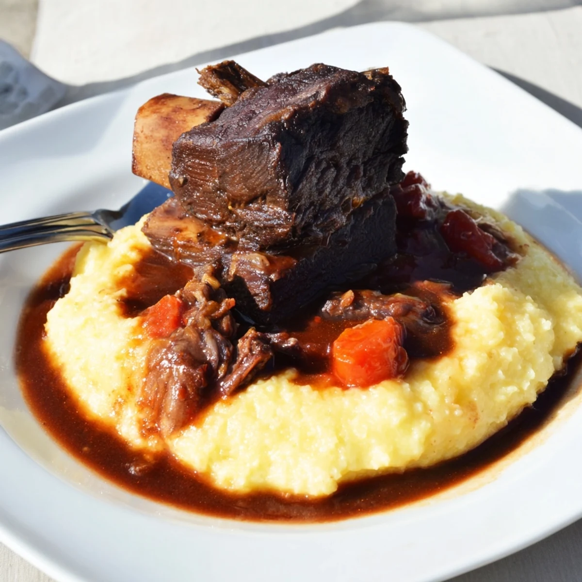 Tender beef short ribs resting on a bed of creamy polenta, garnished with rosemary and thyme.