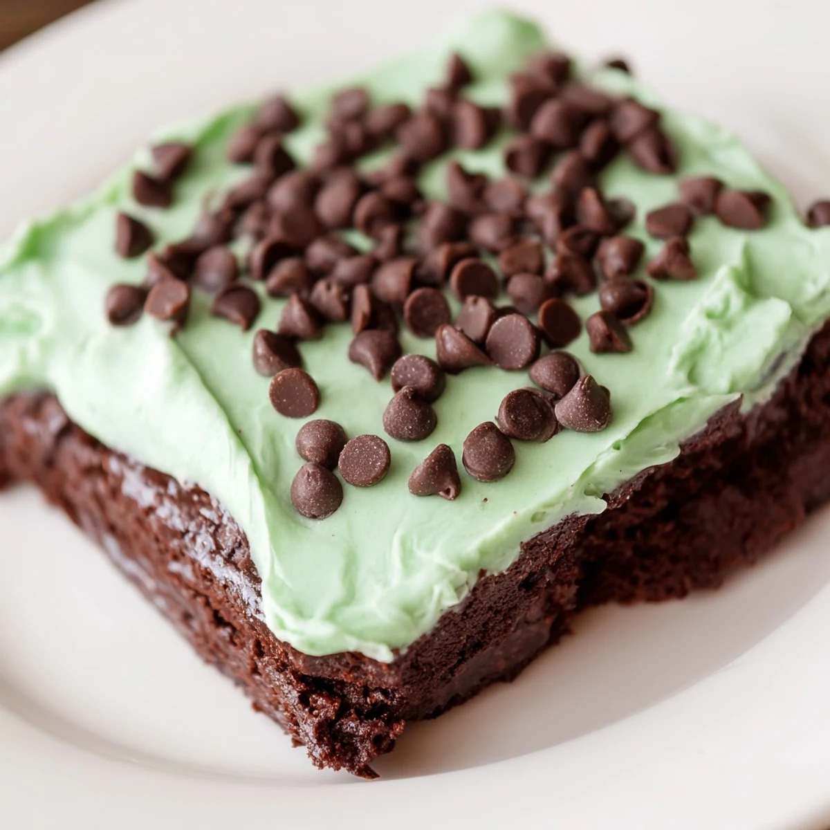 A square of fudgy Mint Chocolate Chip Brownies showcases a vibrant green mint swirl and melted chocolate topping on a rustic board.