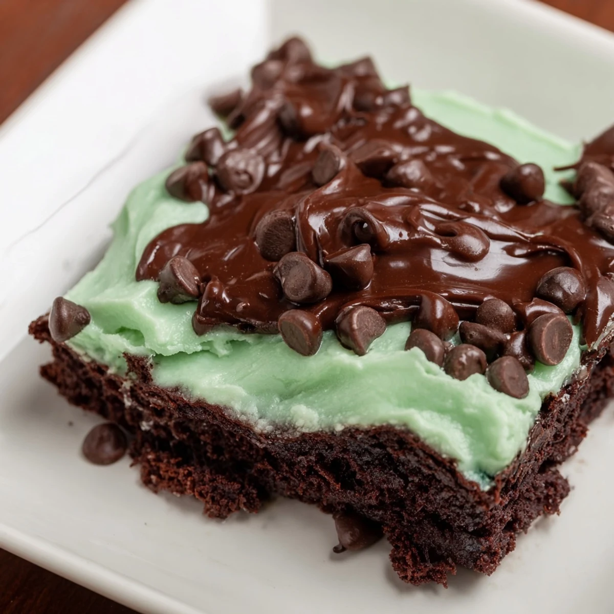 In a classic kitchen setting, a plate of Mint Chocolate Chip Brownies features glossy chocolate drizzle and a minty green layer.