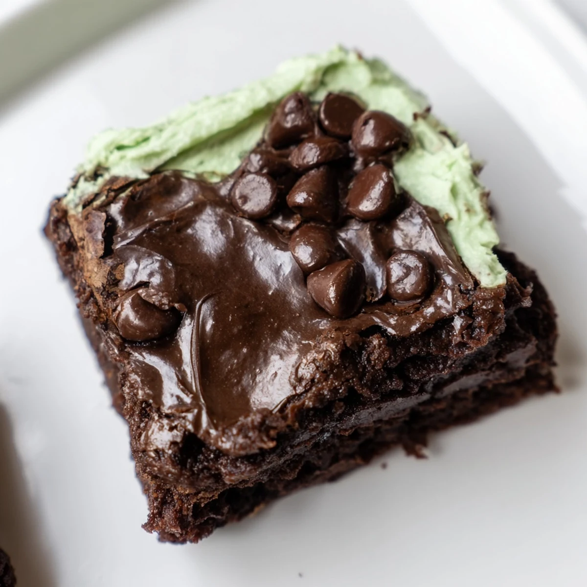 Fresh mint leaves garnish a close-up slice of Mint Chocolate Chip Brownies revealing fudgy texture and gooey chocolate chips inside.