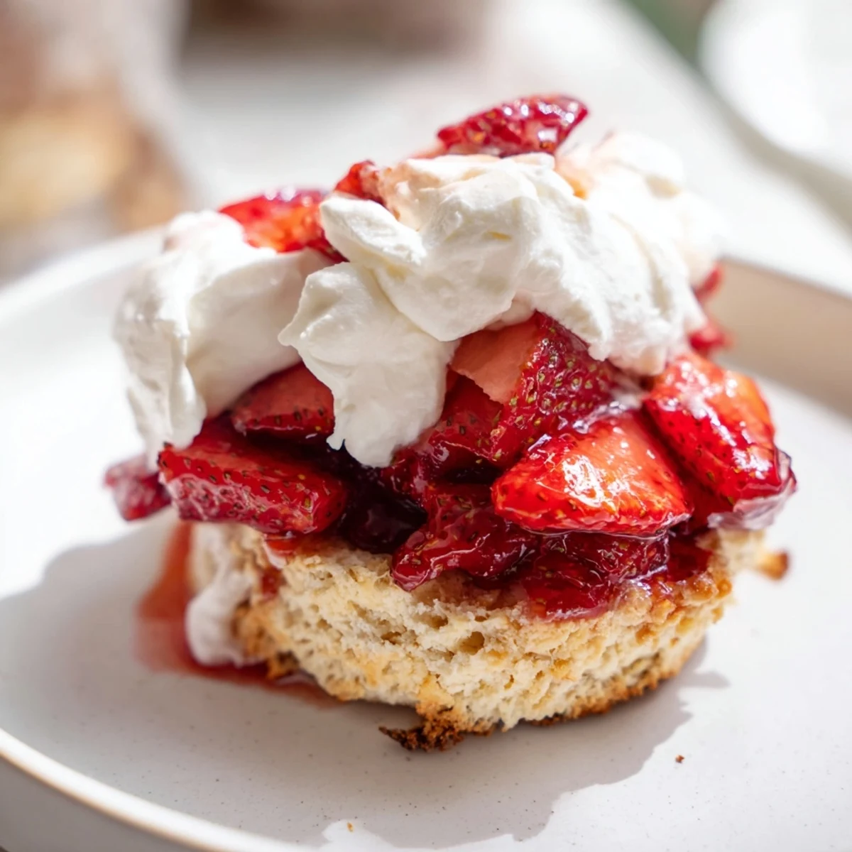 Freshly baked golden biscuits topped with macerated strawberries and a cloud of whipped cream, forming a classic Strawberry Shortcake with Homemade Biscuits on a rustic plate.