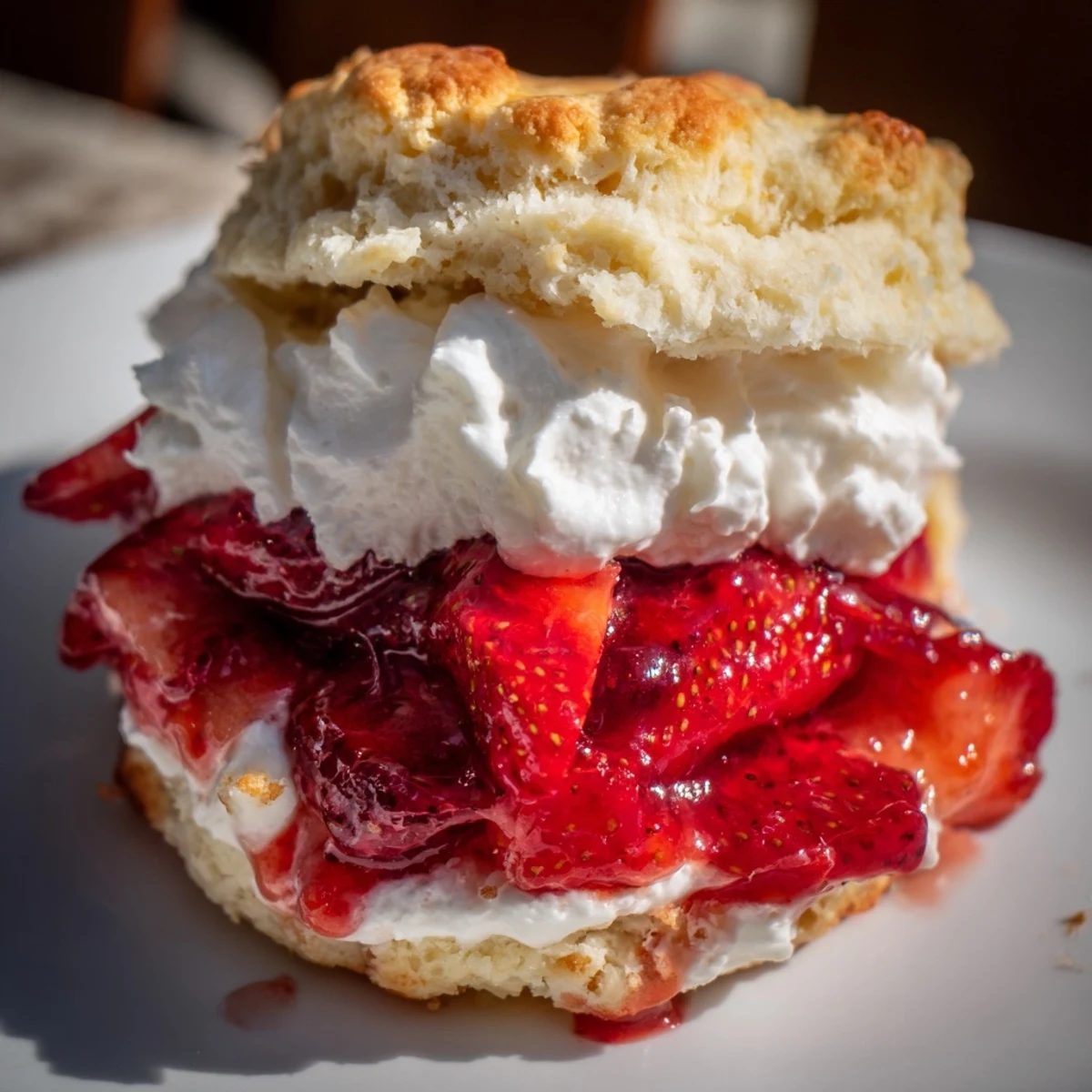 A close-up of Strawberry Shortcake with Homemade Biscuits, revealing fluffy biscuit layers soaked in sweet strawberry syrup and velvety fresh whipped cream.