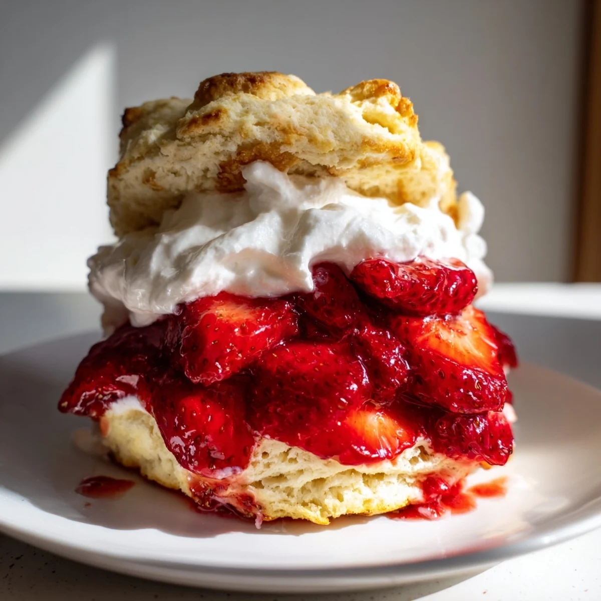 Sliced strawberries and fluffy whipped cream overflowing from tender biscuits, showcasing a beautiful Strawberry Shortcake with Homemade Biscuits ready to be served.