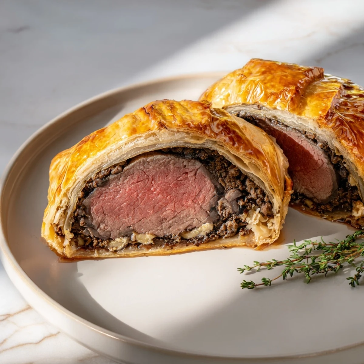 Golden, flaky puff pastry encasing a tender beef fillet and mushroom duxelles, ready to serve with red wine.