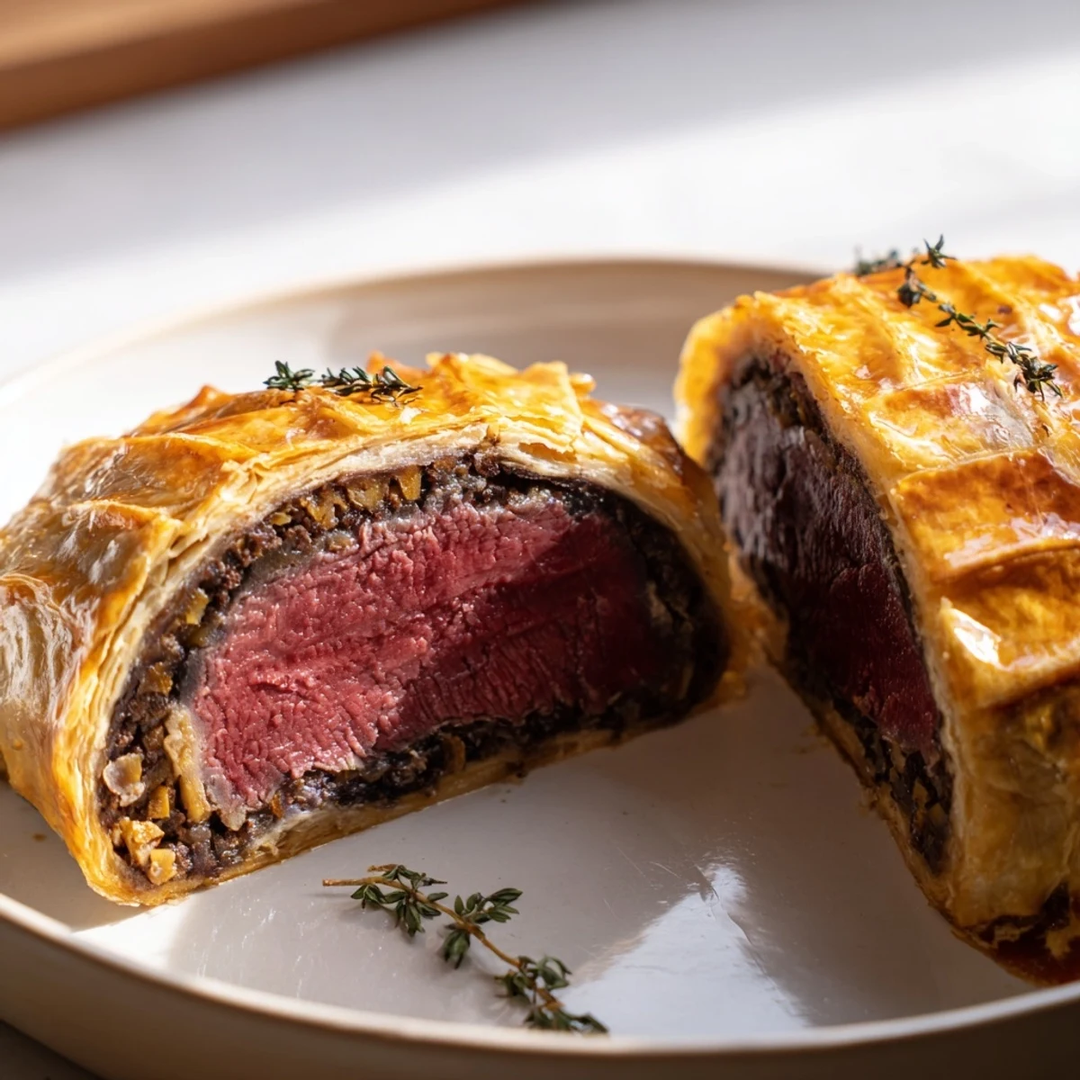 Freshly baked Beef Wellington slice reveals a juicy center wrapped in prosciutto and savory mushroom duxelles.