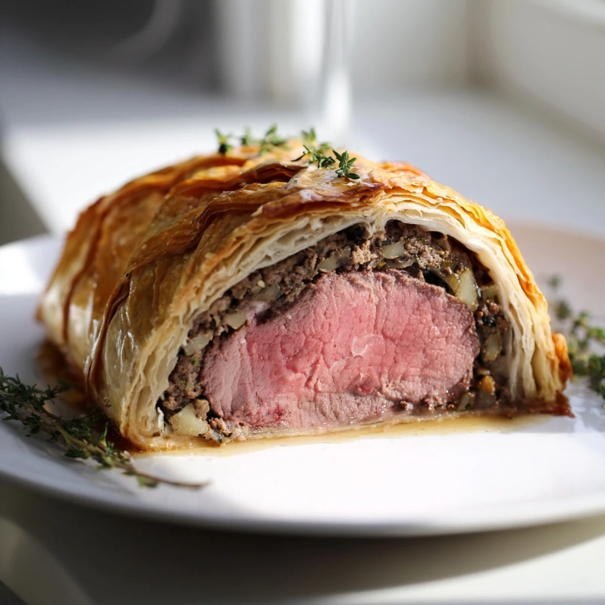 Warm Beef Wellington plated with red wine jus, sliced to show the tender beef and crispy pastry layers.