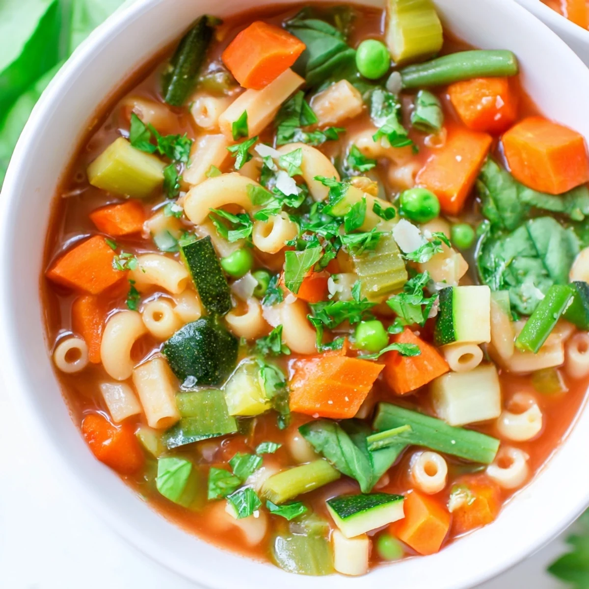 This bowl of Spring Vegetable Minestrone Soup shows fresh peas, carrots, and spinach swimming in a savory broth with tender pasta.
