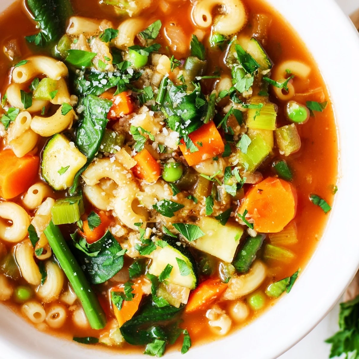 A close view of Spring Vegetable Minestrone Soup features diced zucchini, green beans, and white beans in a tomato-based Italian broth.