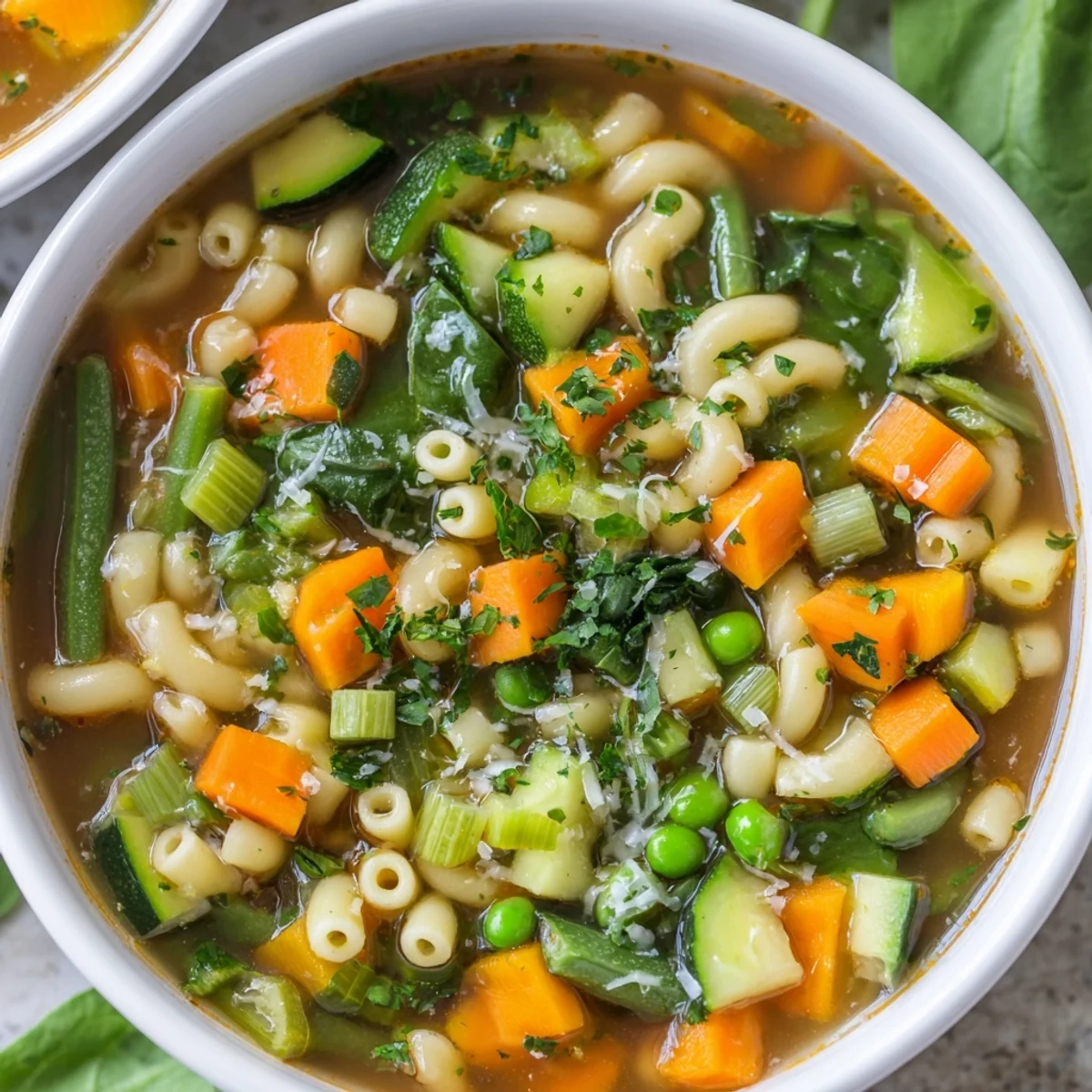 In a white bowl, steaming Spring Vegetable Minestrone Soup is garnished with parsley and Parmesan, served next to crusty bread.