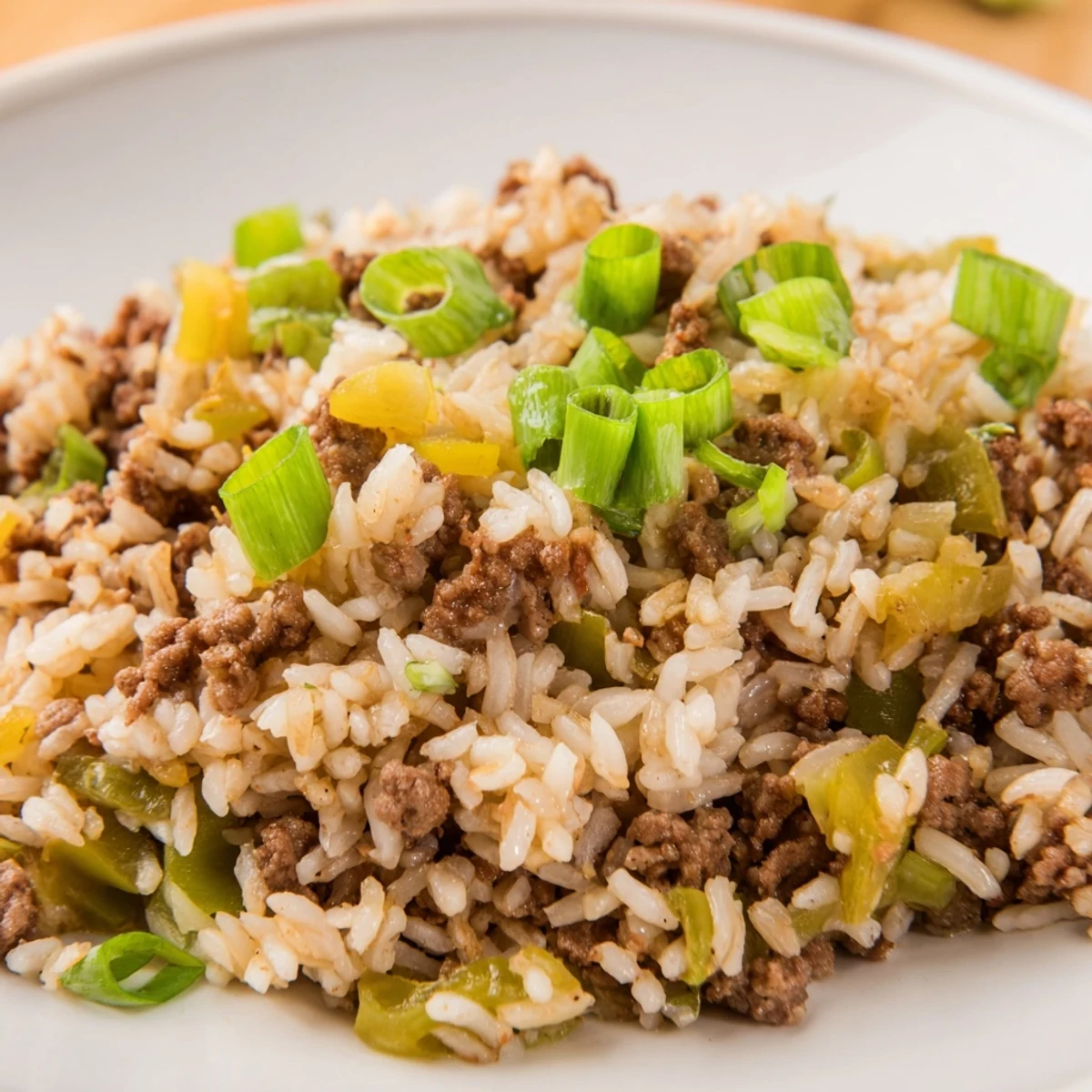 A hearty skillet of Cajun Dirty Rice with Ground Beef, steaming beside a lemon wedge and bottle of hot sauce on a rustic table.
