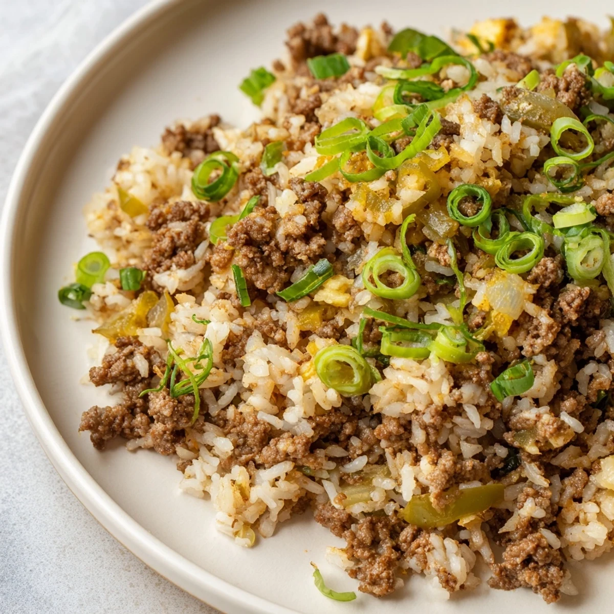 A spoon lifts a savory serving of Cajun Dirty Rice with Ground Beef, revealing tender grains and vibrant diced vegetables in a skillet.