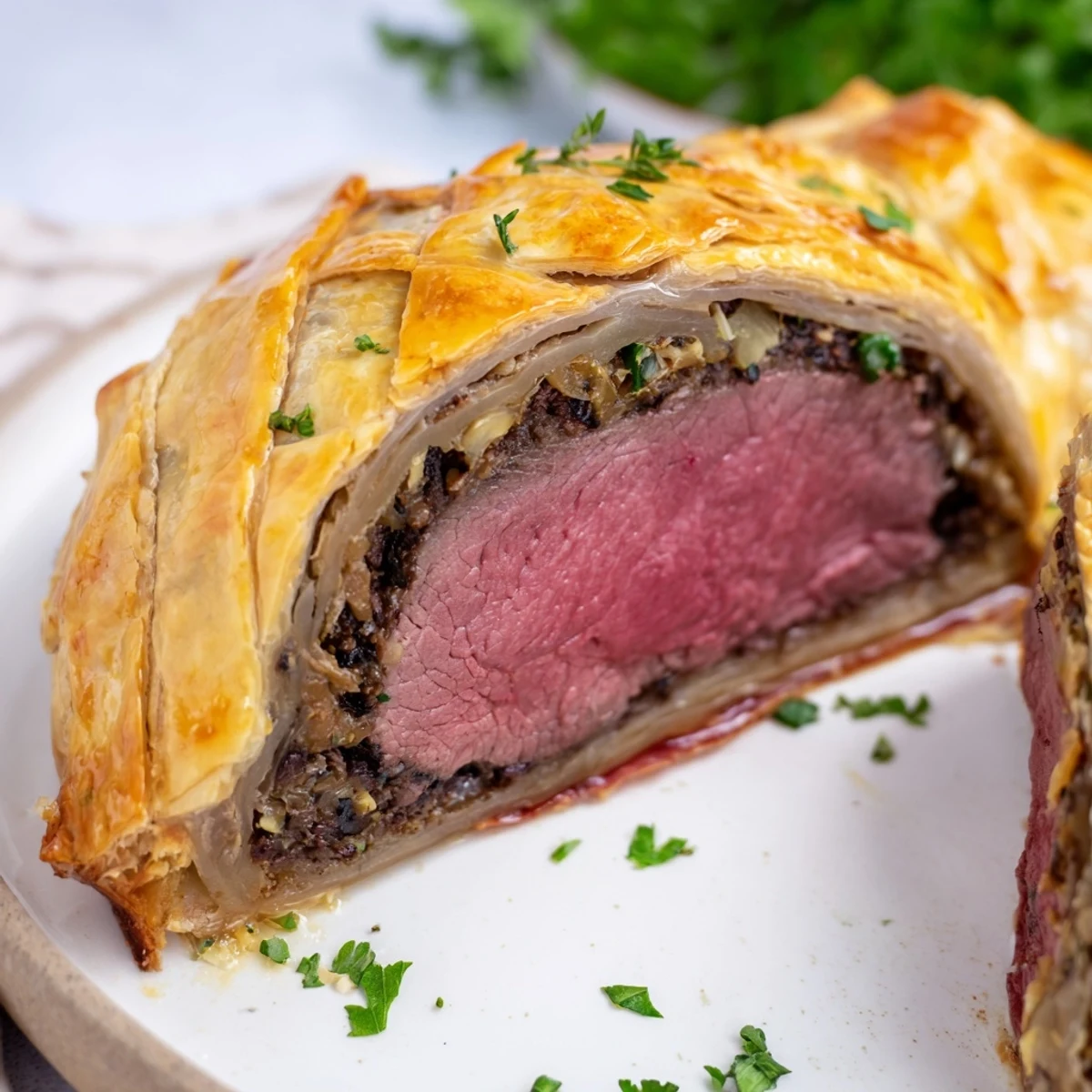 A close-up of golden pastry-wrapped Beef Wellington, sliced to reveal juicy, pink tenderloin and rich mushroom duxelles.