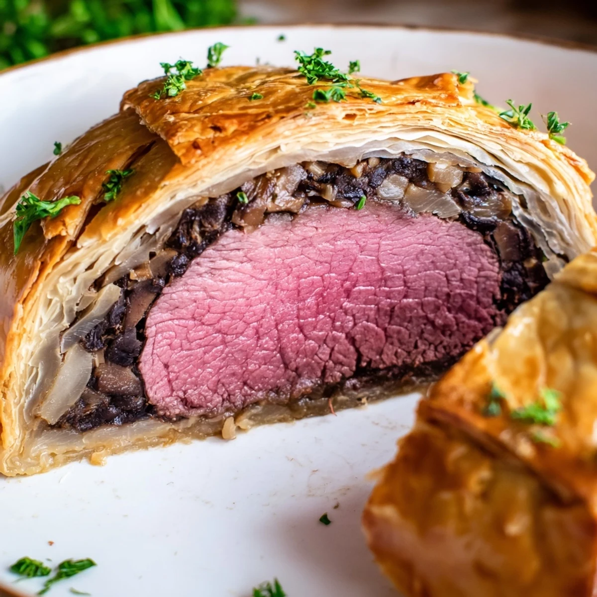 Perfectly baked Beef Wellington with flaky crust, prosciutto layers, and mushroom duxelles, served on a rustic wooden board.
