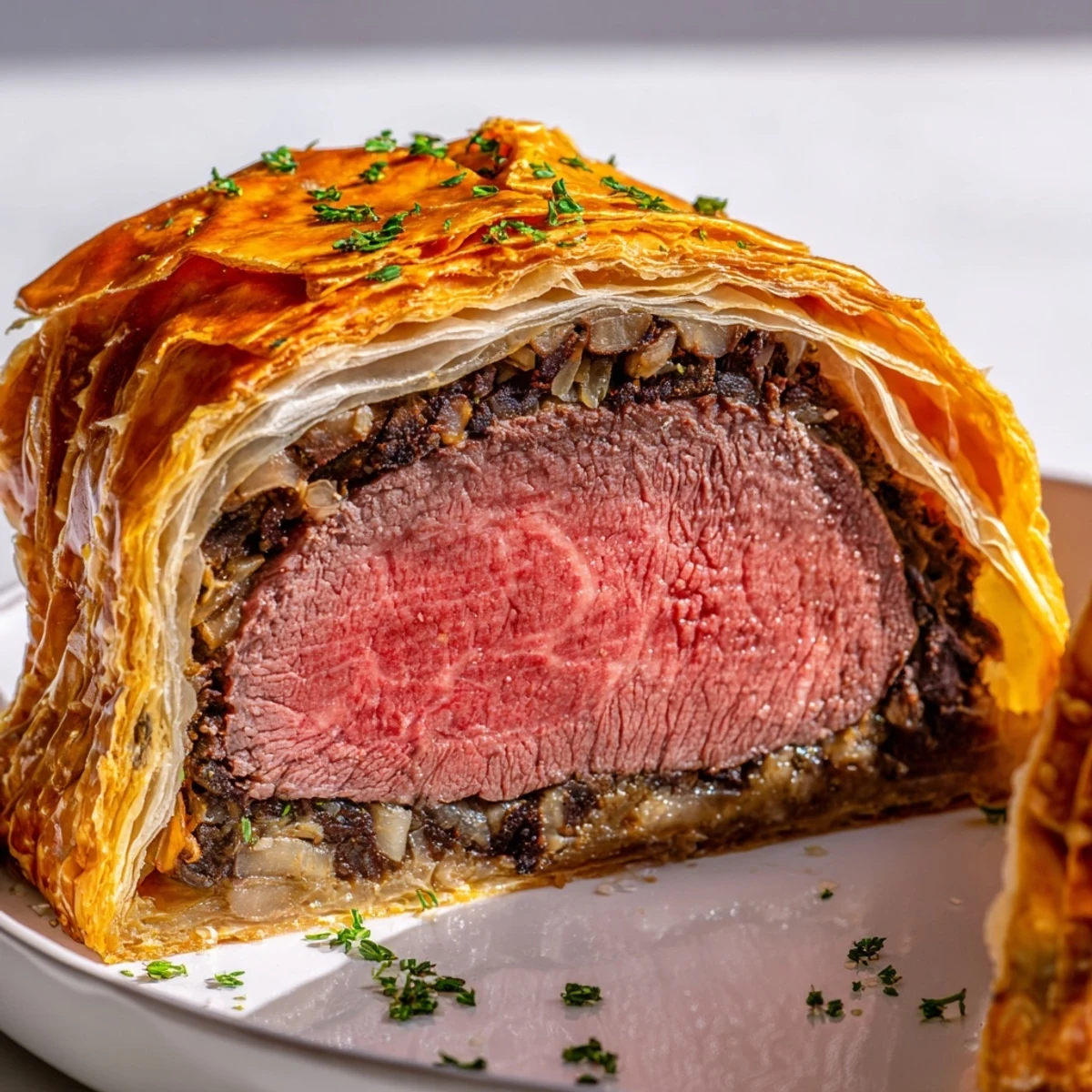 Sliced Beef Wellington on a white plate with gravy, rosemary garnish, and roasted potatoes for a hearty dinner.