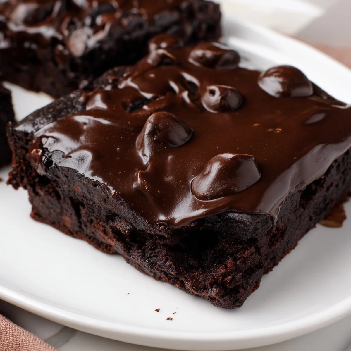 Decadent squares of Mint Chocolate Chip Brownies with Ganache served on a white plate with milk for contrast.