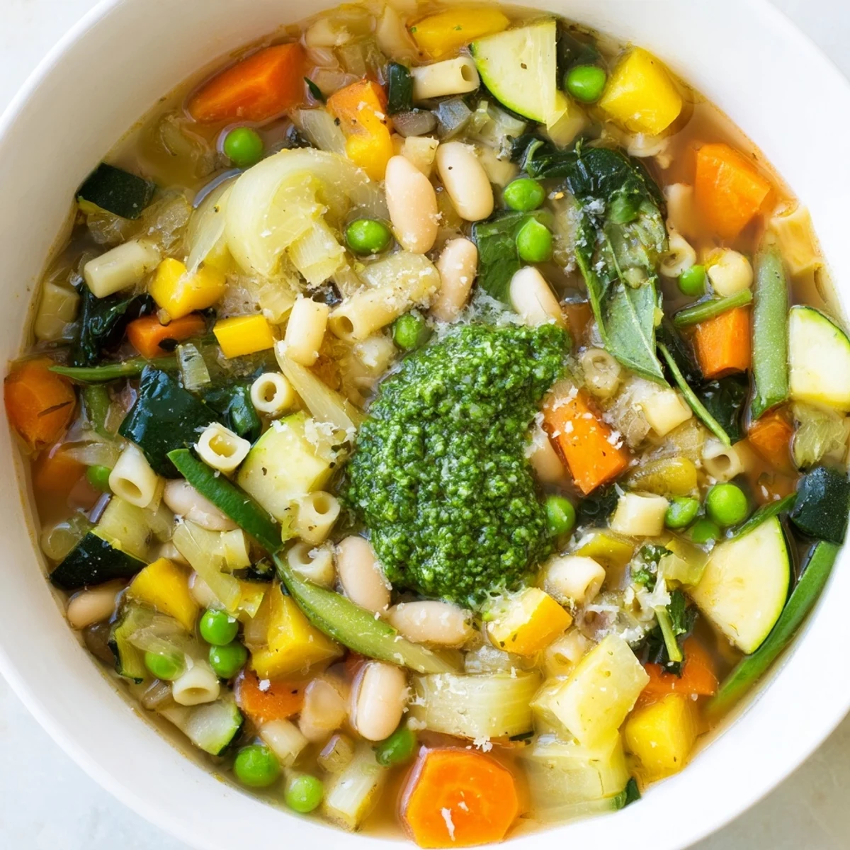 A colorful bowl of Spring Vegetable Minestrone with Pesto Swirl shows tender peas and carrots in rich broth.