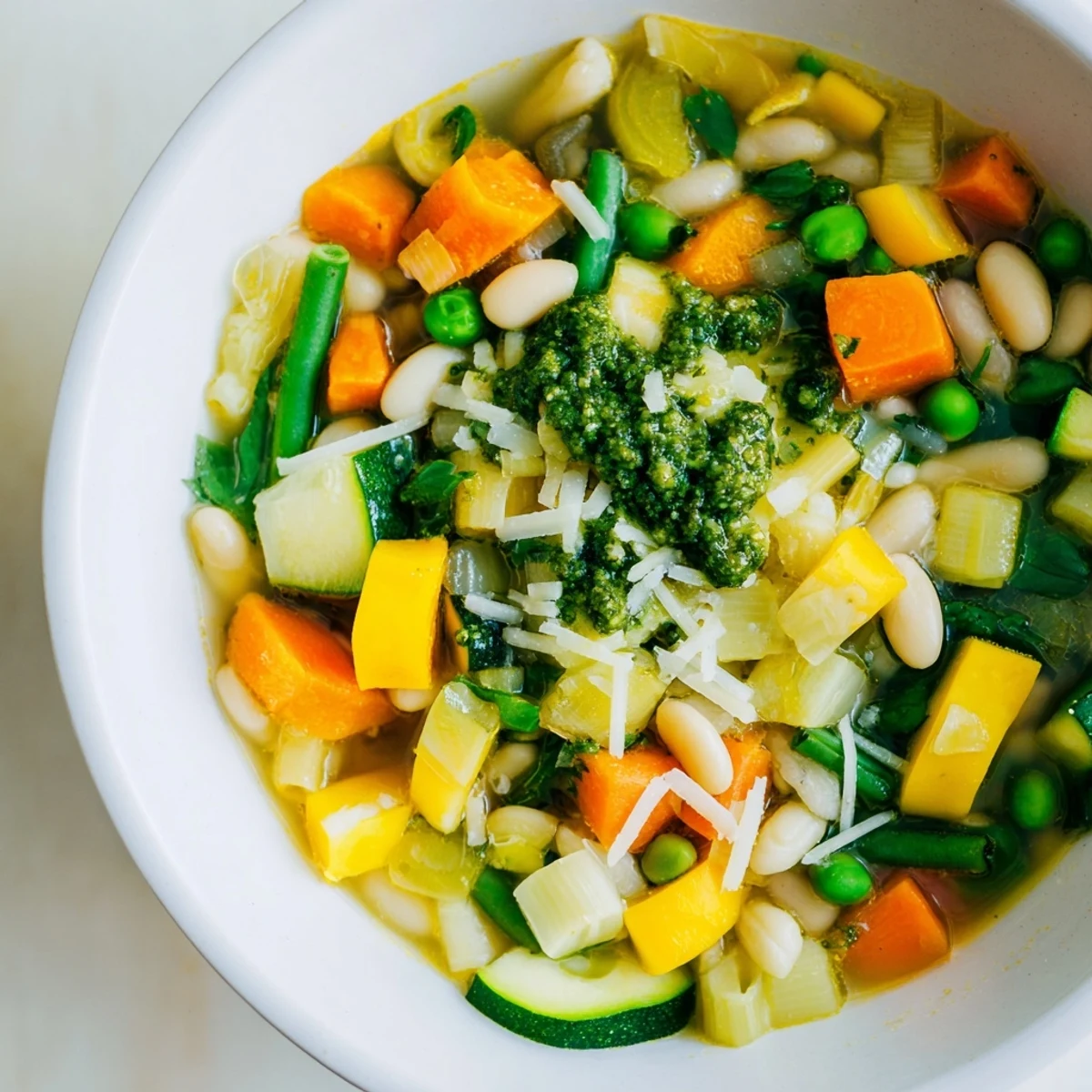 Spring Vegetable Minestrone with Pesto Swirl steams beside crusty bread, perfect for a comforting lunch or dinner.