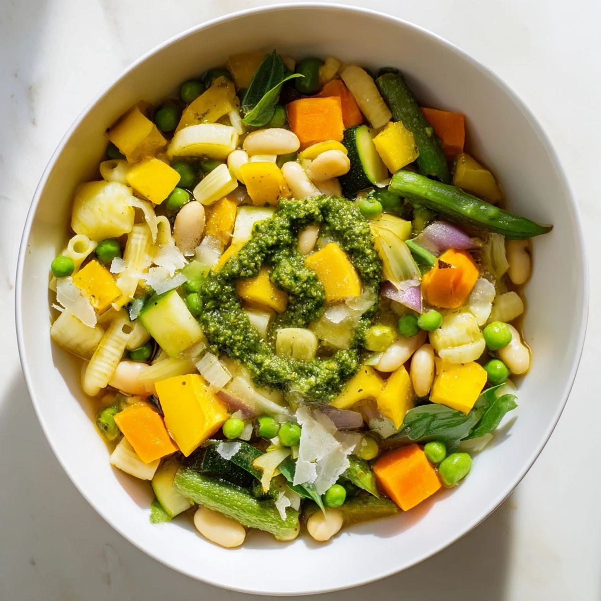 In this Spring Vegetable Minestrone with Pesto Swirl, bright green pesto swirls through the hearty Italian soup.