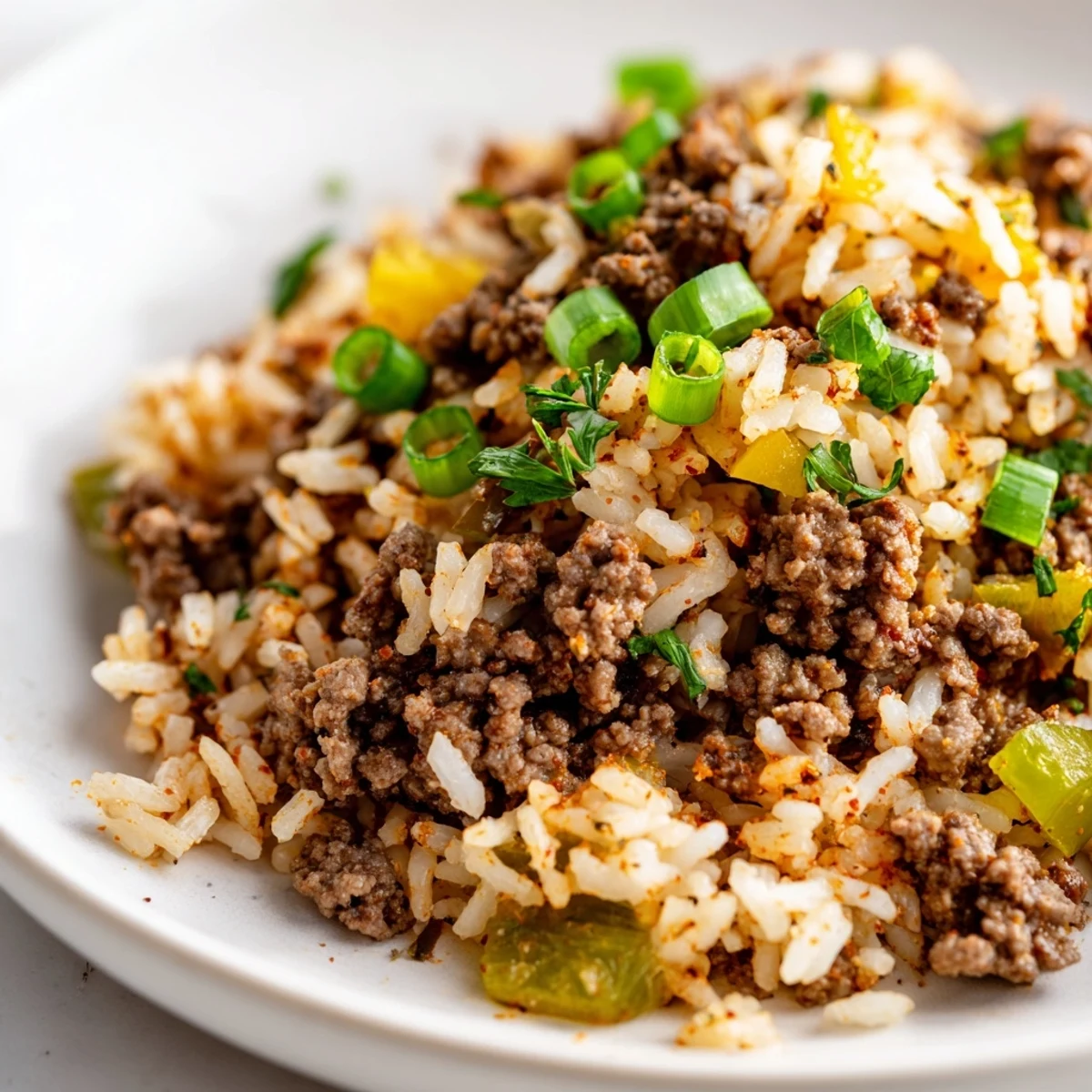 A close-up of Cajun Dirty Rice with Ground Beef and Herbs served on a plate with a lemon wedge.