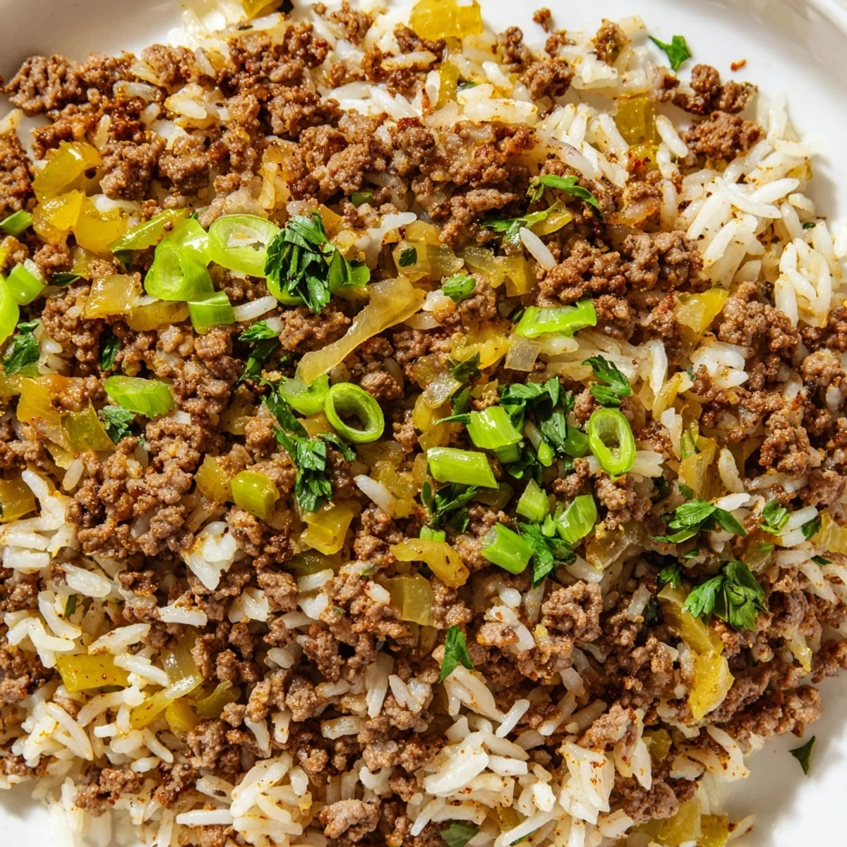 Fluffy Cajun Dirty Rice with Ground Beef and Herbs steams in a cast iron skillet, garnished with fresh parsley.