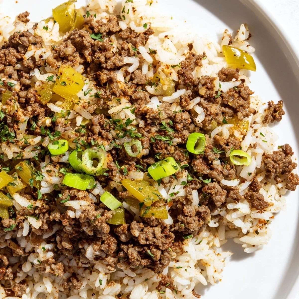 Hearty Cajun Dirty Rice with Ground Beef and Herbs paired with an iced tea on a rustic wooden table.