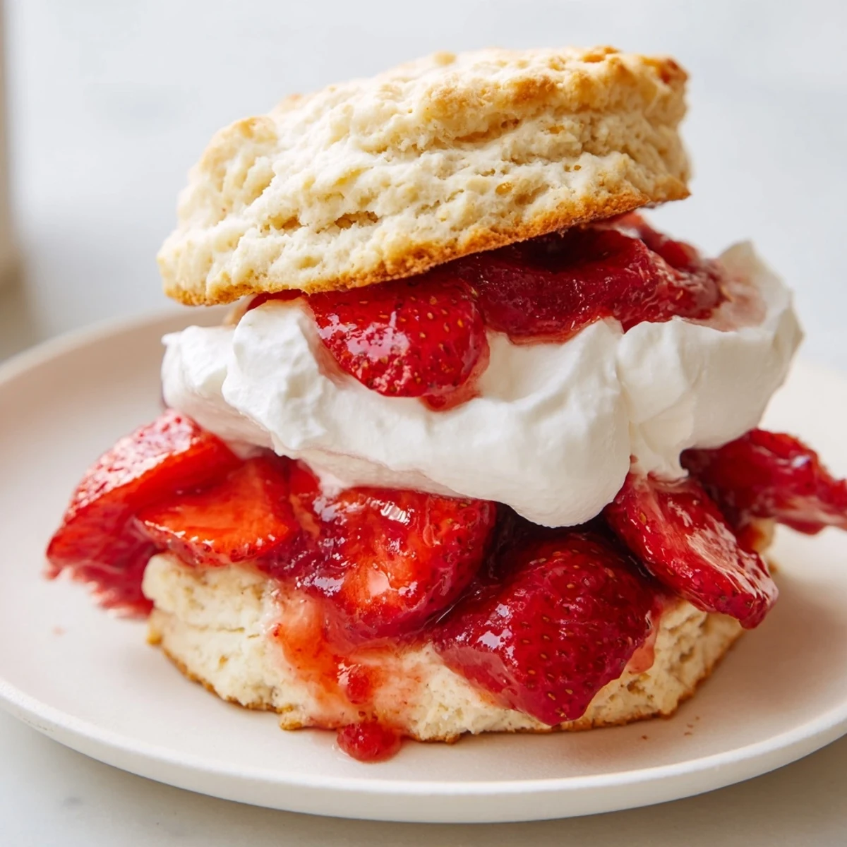 A close-up of Strawberry Shortcake with Homemade Buttermilk Biscuits, layered with juicy strawberries and fluffy whipped cream, served on a rustic plate.
