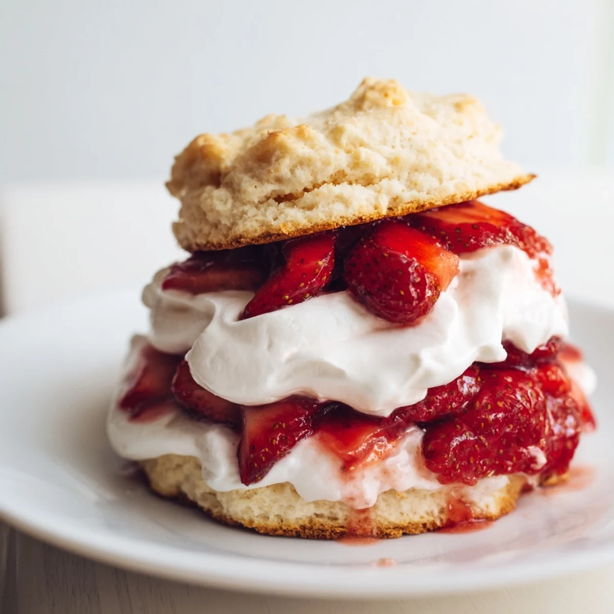 Freshly baked golden buttermilk biscuits for Strawberry Shortcake, split and filled with macerated strawberries and sweet vanilla whipped cream for a summer dessert.