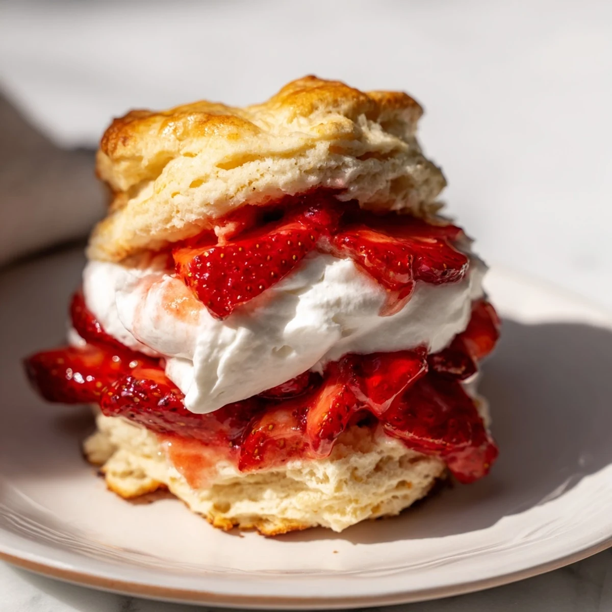 Overhead view of Strawberry Shortcake with Homemade Buttermilk Biscuits on a marble countertop, featuring fresh strawberries and a drizzle of berry juices.