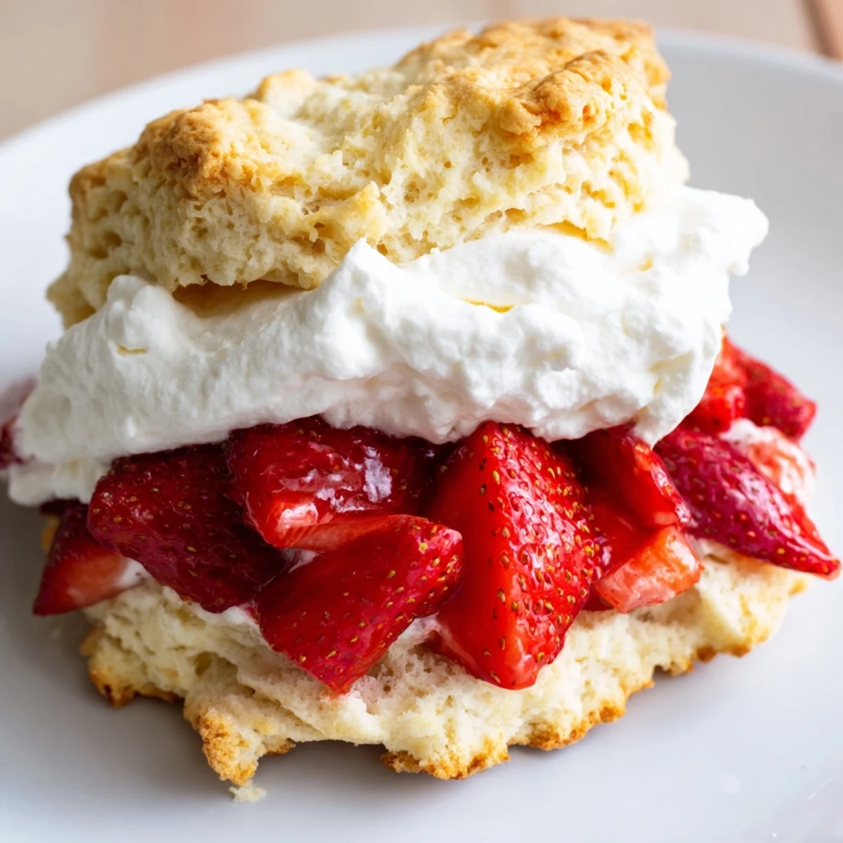 A slice of Strawberry Shortcake with Homemade Buttermilk Biscuits reveals juicy red berries and fluffy cream.