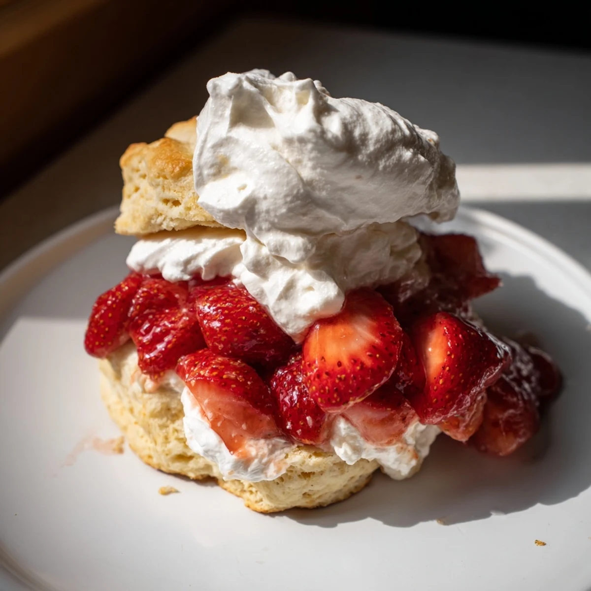 Plated Strawberry Shortcake with Homemade Buttermilk Biscuits showcases golden biscuits layered with macerated strawberries.