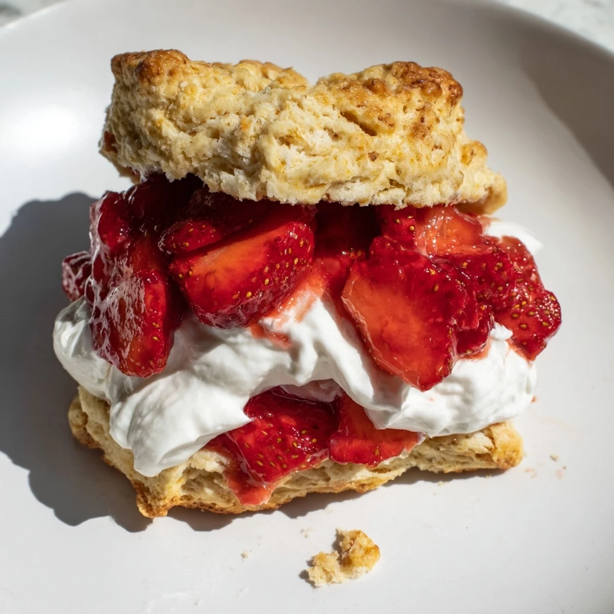 A close-up of Strawberry Shortcake with Homemade Buttermilk Biscuits shows whipped cream melting into warm biscuit layers.