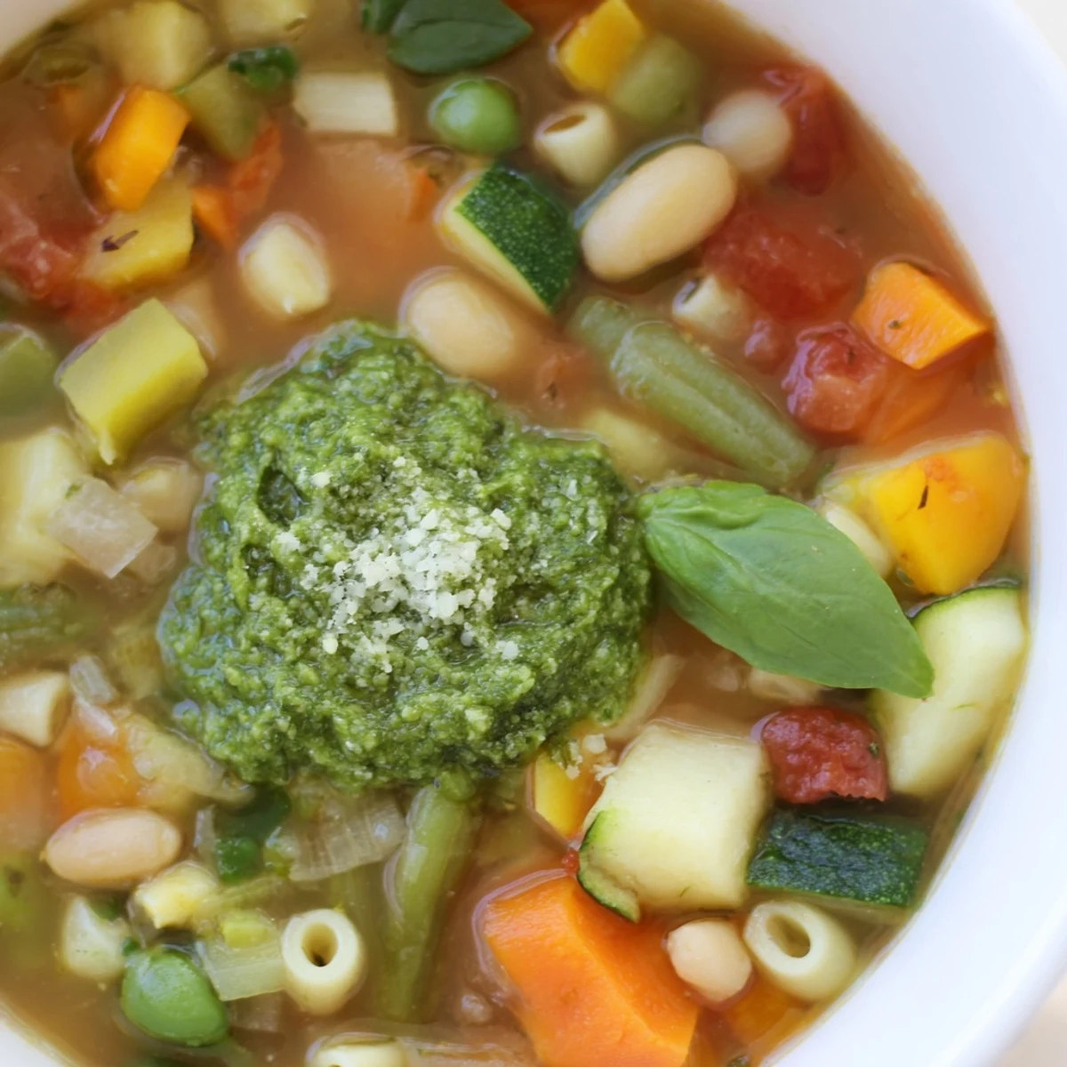 A vibrant bowl of Spring Vegetable Minestrone with Pesto Swirl, brimming with diced carrots and tender zucchini.