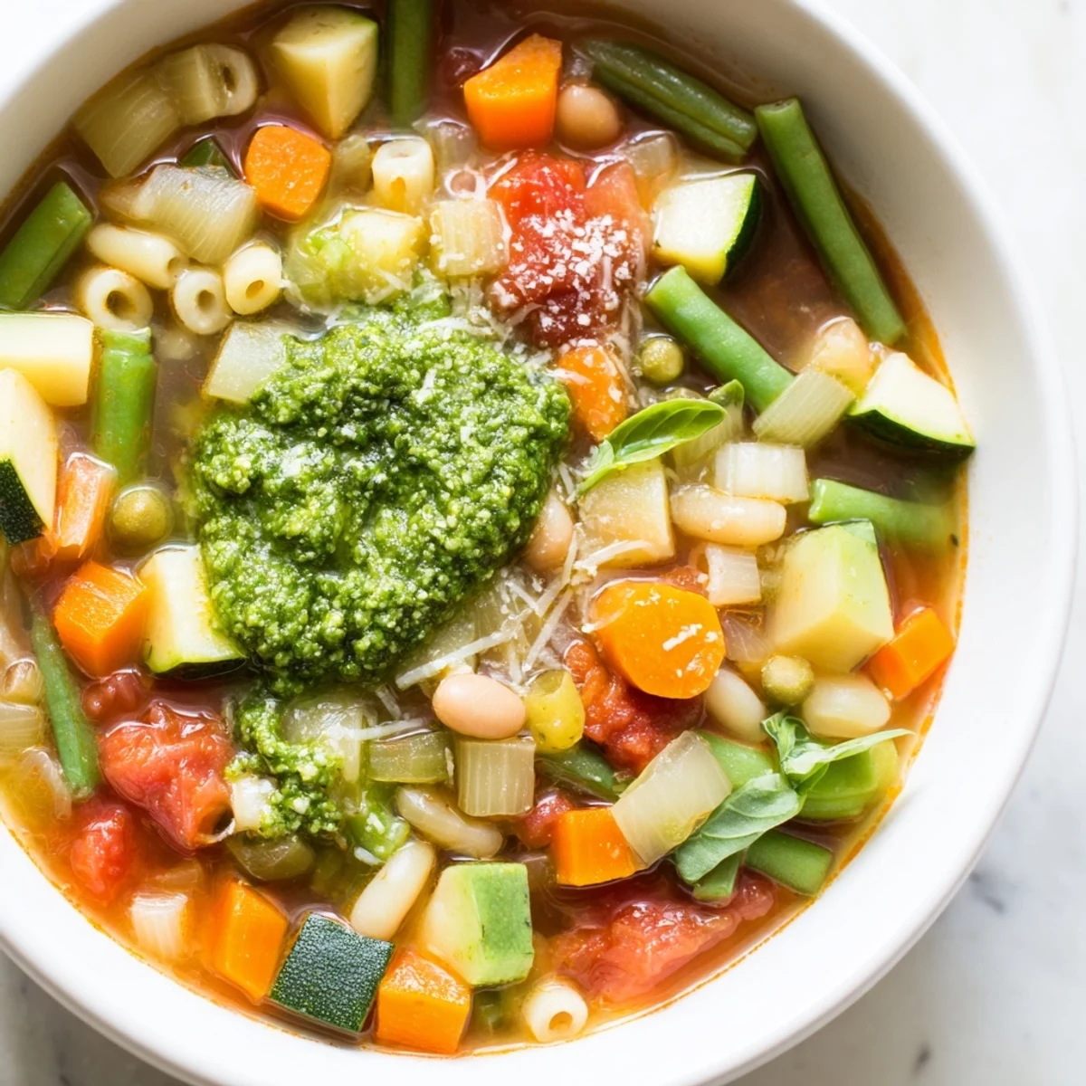 Steam rises from a warm serving of Spring Vegetable Minestrone with Pesto Swirl beside crusty artisan bread.