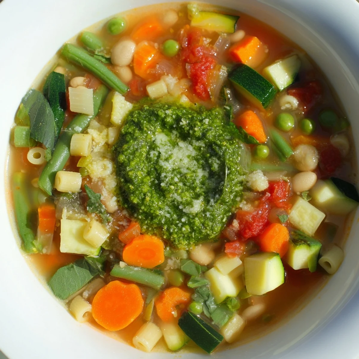 Hearty Spring Vegetable Minestrone with Pesto Swirl ladled into a rustic bowl, garnished with fresh basil and cheese.