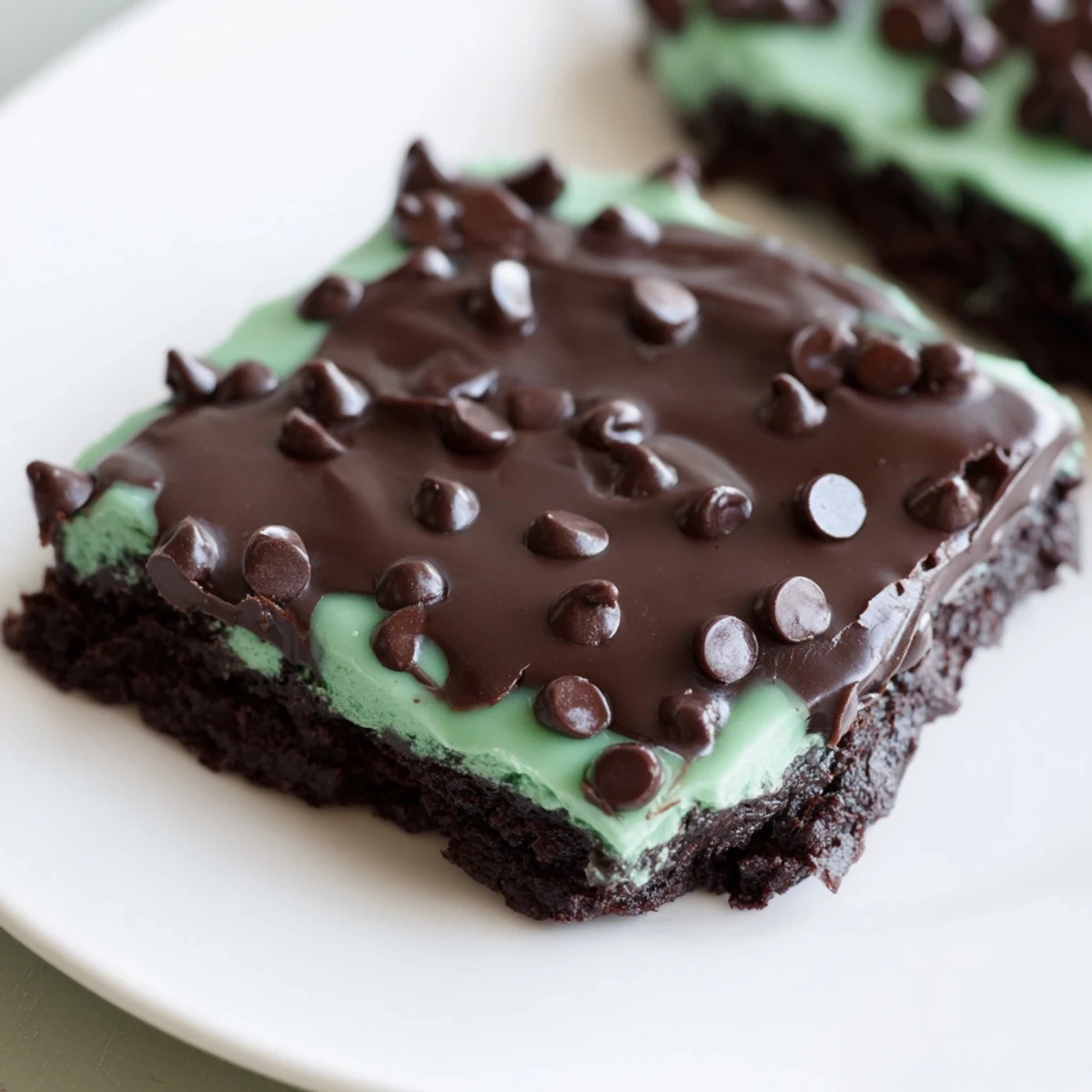 Freshly baked Mint Chocolate Chip Brownies with Ganache stacked on a white plate, showing fudgy layers.