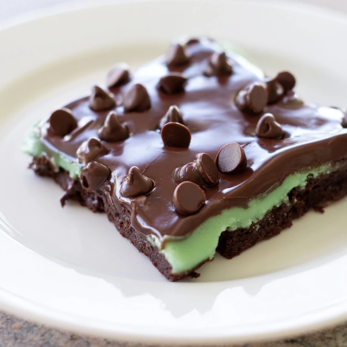 Close-up of Mint Chocolate Chip Brownies with Ganache topped with chocolate chips and mint sprigs, ideal for dessert.