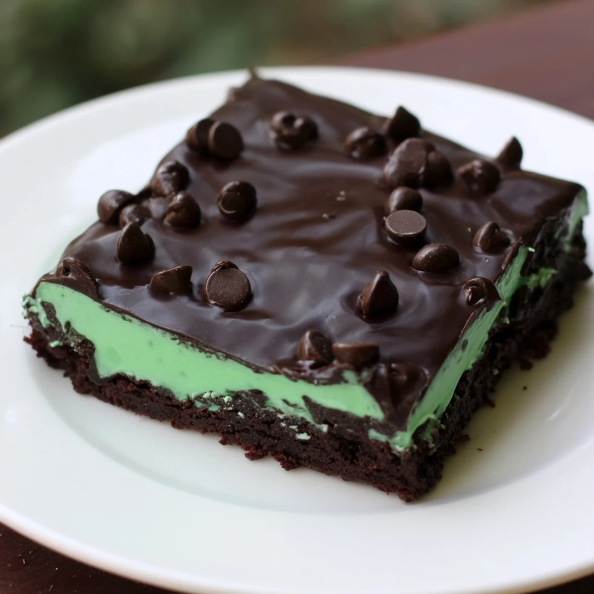 A slice of Mint Chocolate Chip Brownies with Ganache reveals a minty green middle and shiny dark chocolate topping.